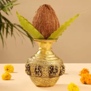 Premium Decorative Brass Kalash with Coconut & Mango Leaves