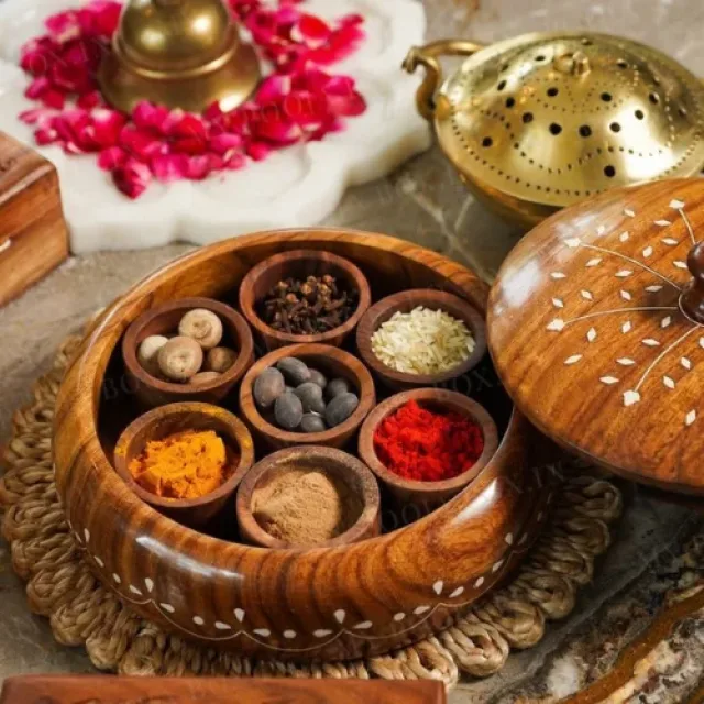 Traditional Wooden Puja Samagri Storage Box